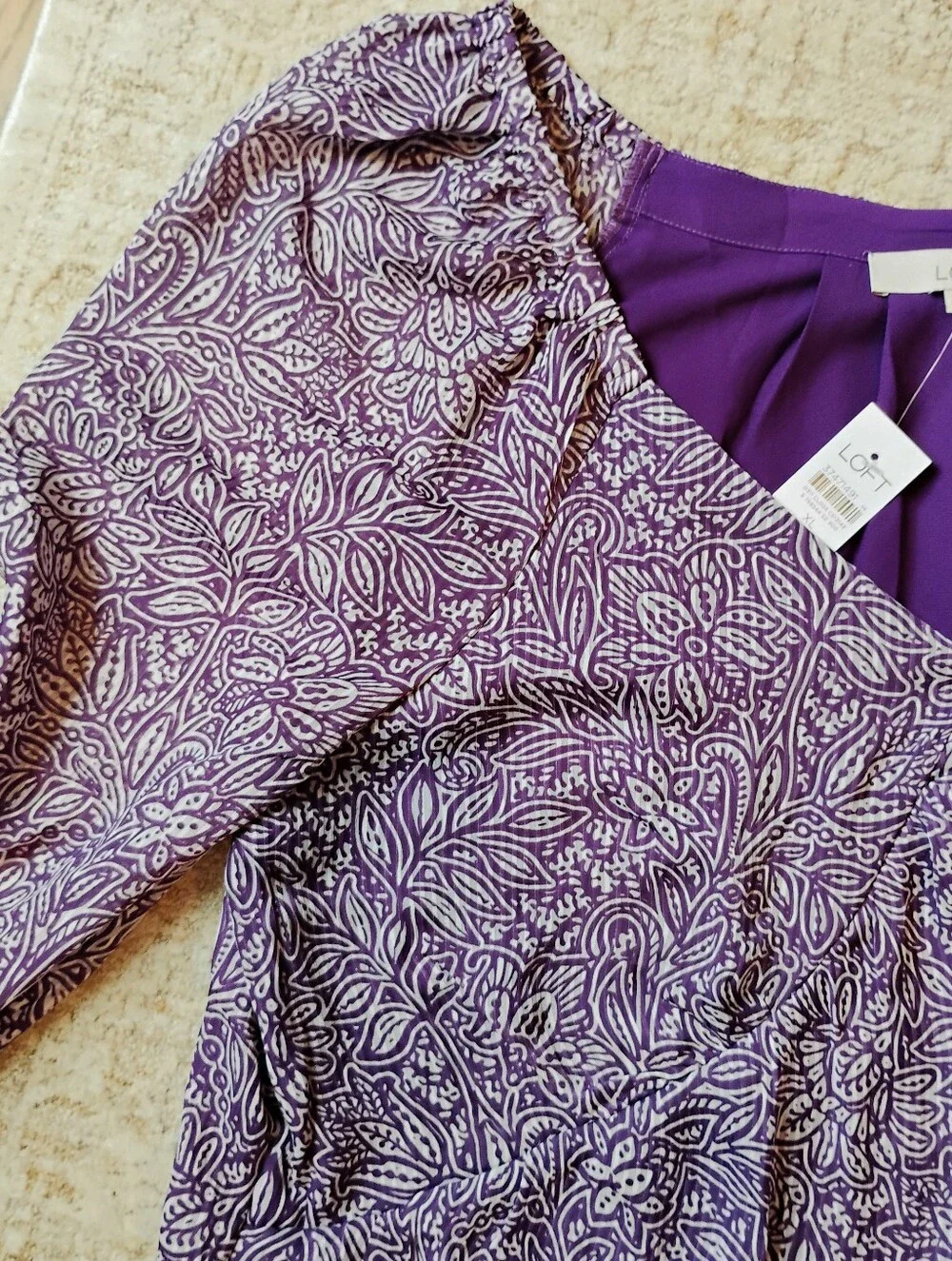 NWT XL Ann Taylor LOFT Purple And White V-Neck Floral Long Sleeve Blouse NEW